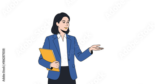 Businesswoman in a blue professional suit gesturing with her hand while holding an orange folder for a presentation.