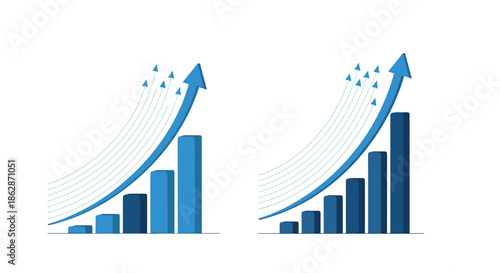 Financial growth charts showing two sets of bar graphs with multiple blue arrows pointing upwards for success.