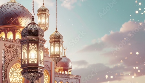 Ramadan Kareem with lantern and mosque
