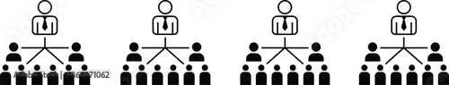 Solid and Outline Vector Icon Set Featuring Hierarchical Organizational Charts with a Central Leader and Subordinate Team Members