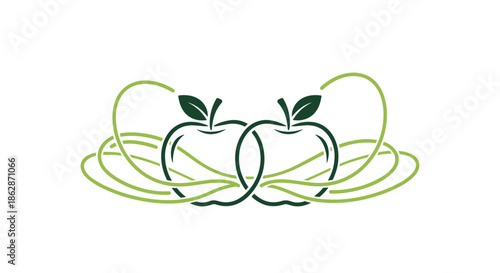 Minimalist green outline of two intertwined apples with flowing decorative vines representing healthy organic food.