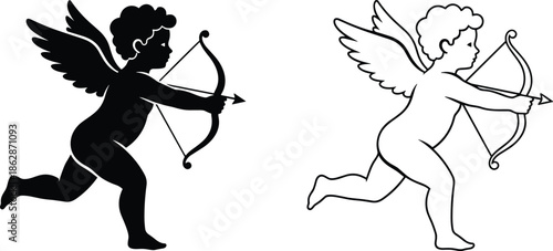 Solid and Outline Vector Icon Set Featuring Running Cupid Figures with Bows and Arrows for Romantic Holiday Branding