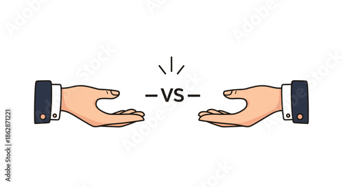 Graphic illustration of two hands reaching out towards each other with a bold vs in the middle to represent a match or a business competition.