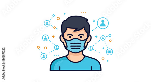 Portrait of a man wearing a light blue face mask connected to a network of profile icons representing contact tracing and social interaction.