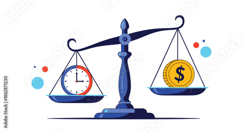 Classic balance scale weighing a round clock against a gold dollar coin representing the concept of time management and its financial value.