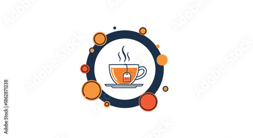 Steaming cup of tea with a visible tea bag placed inside a dark blue circular frame decorated with several orange bubbles and dots of light.