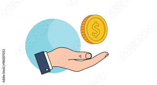 Hand reaching out to catch a falling gold dollar coin against a light blue circular background symbolizing financial gain and opportunities.
