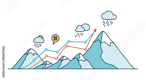 Creative line graph showing positive growth across a mountain range with different weather symbols like sun and rain indicating market flux.