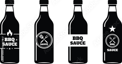 Solid Black Vector Icon Set Featuring BBQ Sauce Bottles with Flame Star and Crossed Grilling Utensil Graphic Labels