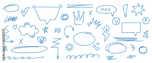 Hand drawn line chalk brush stroke arrow icon set. Decorative doodles sketch scribble hand drawn handmade pencil pen marker. Chalk crayon underline, check mark, scribble and texture in rough hand