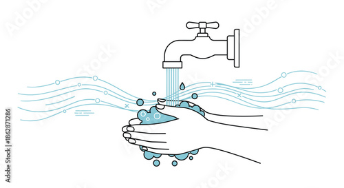 Line drawing of two hands being thoroughly washed under a faucet with water and bubbles to emphasize the importance of hygiene and health.