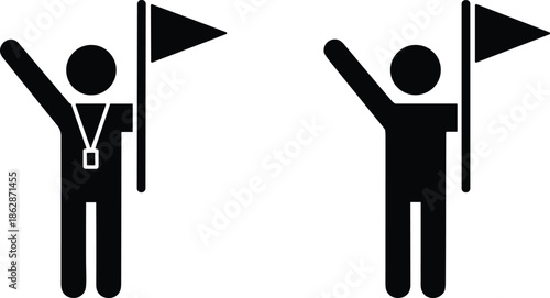 Solid Black Vector Icon Set Featuring Human Silhouettes Holding Achievement Flags with Optional Whistle and Lanyard Detail