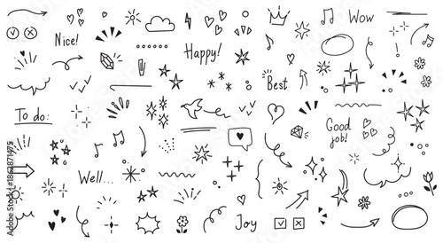 Decorative doodles sketch scribble hand drawn handmade pencil pen marker set vector graphic design illustration art for business infographic journal set pointing arrow speech bubble line outline shape