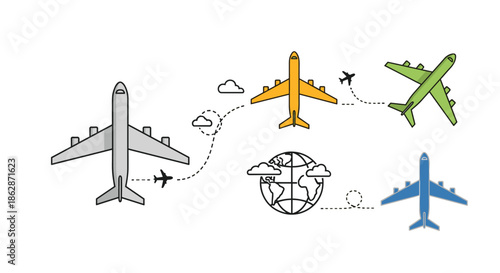 Multiple colorful airplanes flying along dotted paths around a globe icon to represent international travel logistics and global connection.