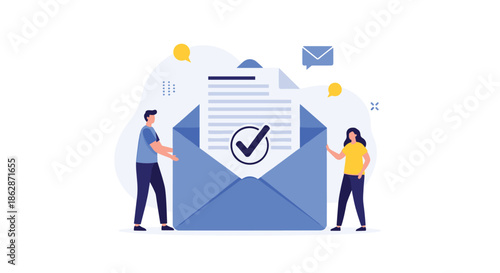 Two cartoon people standing on either side of a massive blue envelope containing a document with a large black checkmark showing success.