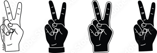 Solid and Outline Vector Icon Set Featuring Hand Gestures Showing the Peace Sign and Victory V Symbol