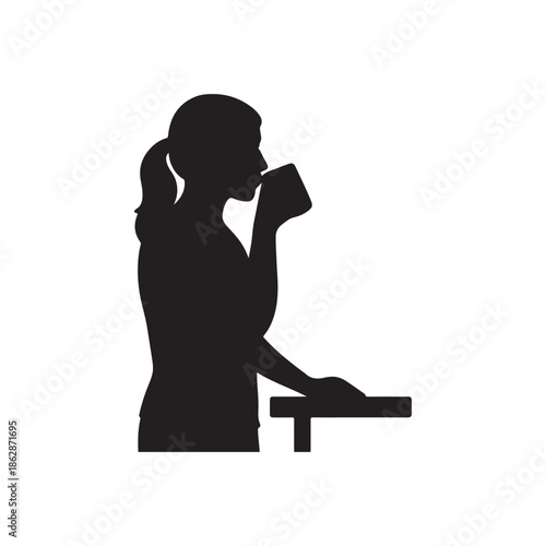 Adobe IlSilhouette of a woman drinking coffee while working diligently on her laptoplustrator Artwork