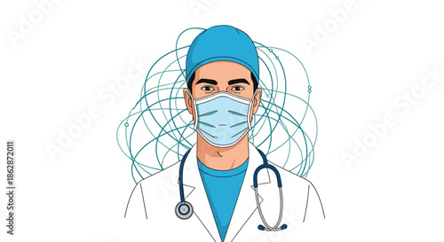 Healthcare professional illustration shows a doctor wearing a surgical mask and cap with a stethoscope on a blue background.