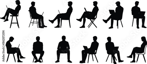 Silhouettes of people using laptops in varied seated postures, ideal for ergonomics, tech, and workplace design illustration projects.