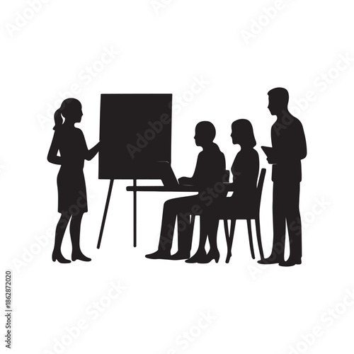 A dynamic business team collaborates during a presentation or meeting sessione Illustrator Artwork