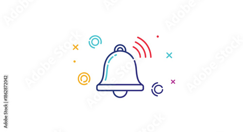Colorful notification bell icon surrounded by abstract geometric shapes signifies a new alert or message on a digital platform.