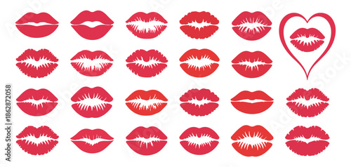 Realistic collection of different red lipstick kiss prints and heart shape icons vector illustration