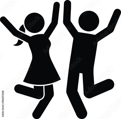 Joyful couple jumping in the air with raised hands