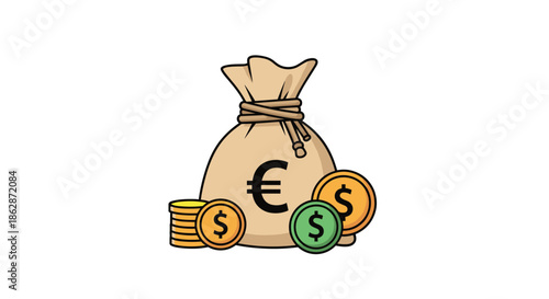 Large sack of money with a euro sign surrounded by various dollar coins illustrates international currency and financial wealth.
