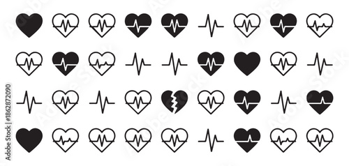 Set of heart and heartbeat EKG line icons in black and white for medical or love concepts