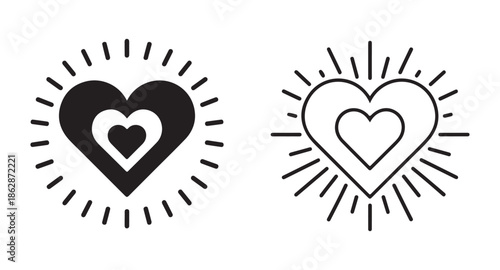 Heart in heart icon set with radiant sun rays and dashed lines featuring solid black and outline vector versions