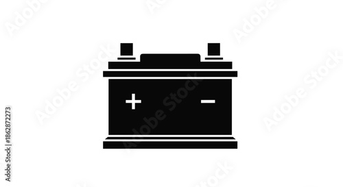 Solid black silhouette of a car battery with positive and negative terminal symbols represents automotive power and energy.