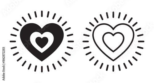 Multiple layered heart symbols with sunburst rays in different line weights for minimalist graphic design assets
