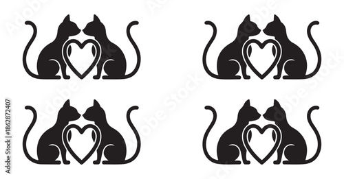 Couple of cats silhouette embracing heart shape for valentines day on white background illustration