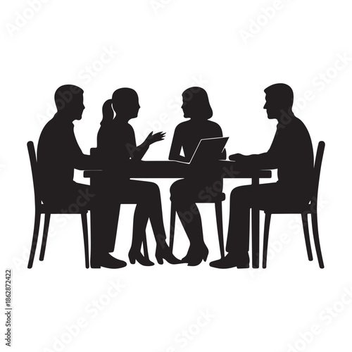 Adobe Illustrator Business meeting silhouette: four professionals collaborating around a table with a laptopArtwork