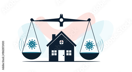 Balance scale weighing a residential house against two virus particles emphasizes the health priority of staying at home.