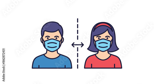 Male and female characters wearing masks are separated by a dashed line and a distance arrow for pandemic safety protocols.