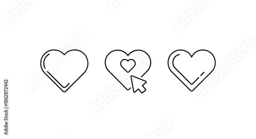 Collection of three heart icons in outline style shows a computer mouse cursor clicking on the center heart for social likes.