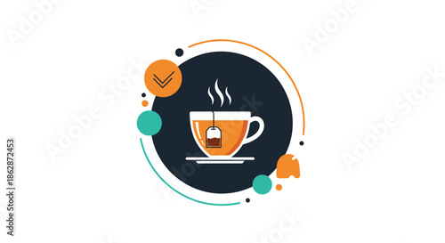 Warm cup of tea with a visible tea bag is presented inside a dark blue circular frame with colorful abstract elements.