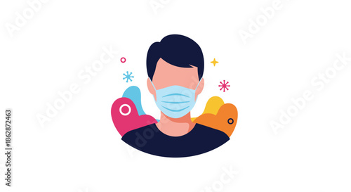 Man wearing a light blue face mask stands against a vibrant abstract background with floating virus symbols and shapes.