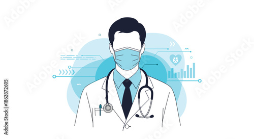 Professional male doctor wearing a medical mask and stethoscope standing against a blue data visualization background.