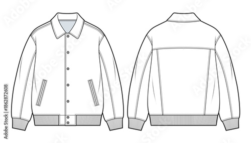 Classic Snap-Front Coach Jacket Technical Fashion Illustration. Lightweight Sports Jacket with Ribbed Hem and Cuffs, and Contrast Piping. Front and Back Views. Unisex Outerwear. CAD Mockup set.