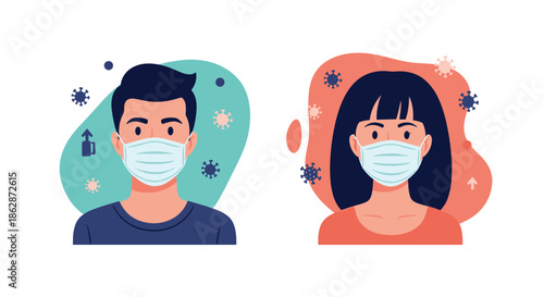 Portraits of a man and woman wearing face masks surrounded by stylized virus particles and medical infographic icons.