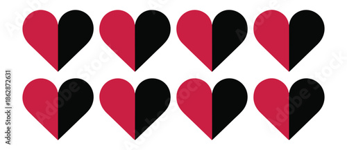 Eight hearts split into red and black halves isolated on white background vector graphic