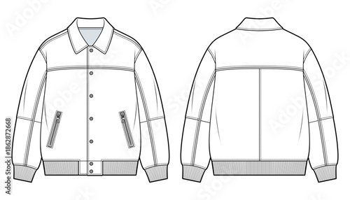 Collared Bomber Jacket with Snap Buttons Technical Fashion Flat Sketch. Oversized Snap-Front Jacket with Pockets and Ribbed Trims vector template. Front and back views. Men’s outerwear. Cad mockup set