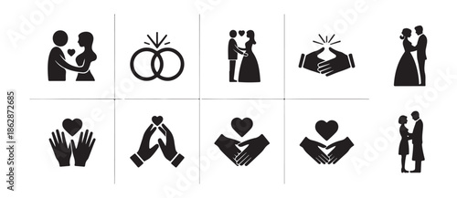 Wedding icons set with couple rings hands and heart shapes on white background vector