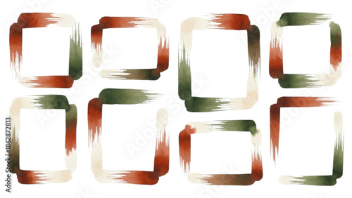 Abstract watercolor frames with green and brown brush strokes