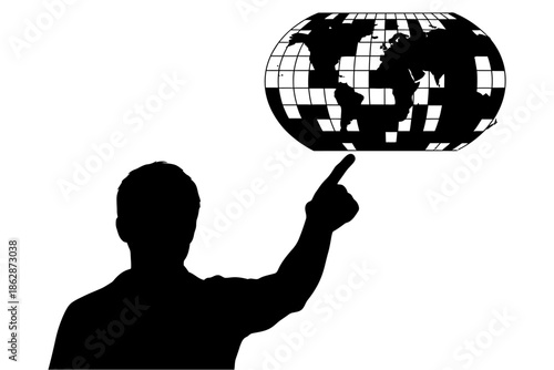 Silhouetted figure pointing to a stylized globe with a grid pattern, conveying a sense of global awareness, technology, and connection in a minimalist, graphic
