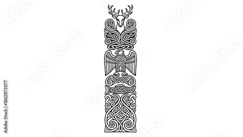 Intricate celtic totem pole featuring deer and eagle