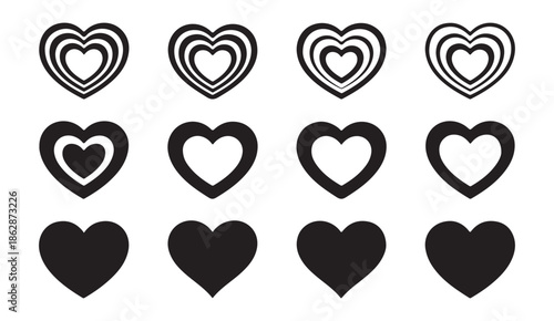 Twelve black heart symbols in three rows showing outline filled and nested variations for graphic design needs