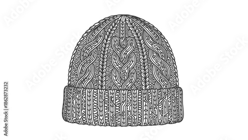 Detailed illustration of a knitted beanie hat with cable knit pattern